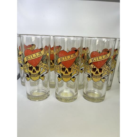 Set Of 7 Vintage Ed Hardy Drinking Beer Glasses Love Kills Slowly Skull Heart - Picture 1 of 6